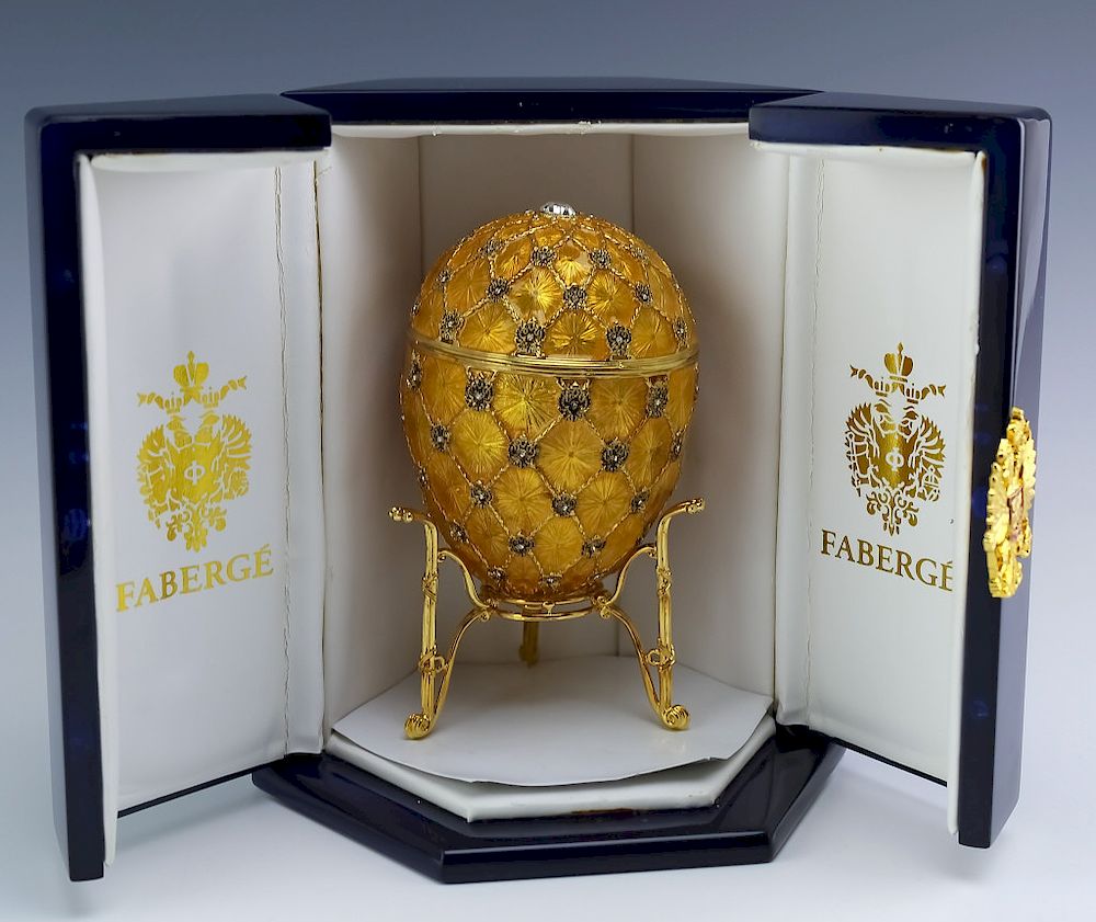 Faberge Gold Gilt, Enamel Guilloche Coronation Egg/AuctionDaily