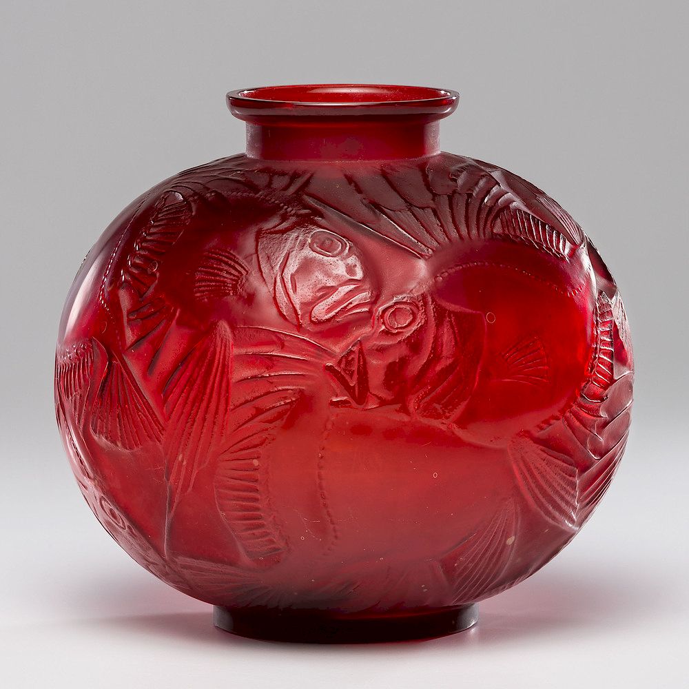 Lalique Red Poissons Vase/Auctiondaily