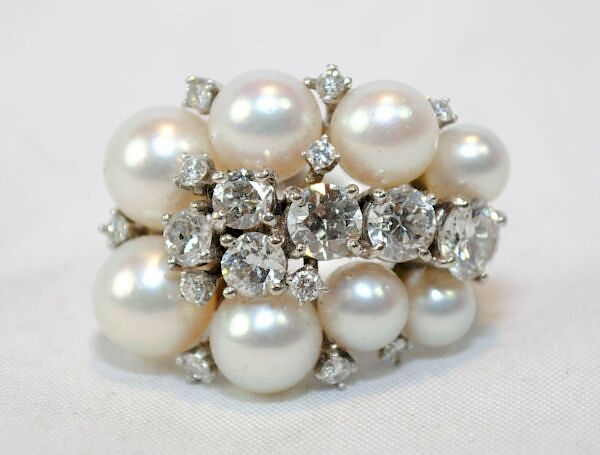 VINTAGE 1930'S 2.5CT DIAMOND & PEARL CLUSTER RING SOLID WHITE GOLD $30K Value/AuctionDaily