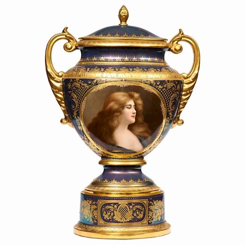 Monumental Royal Vienna Iridescent Porcelain Portrait Vase and Cover, circa 1880