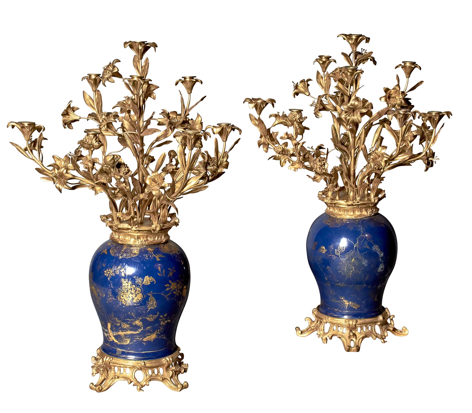 Pair of French Ormolu-Mounted Chinese Gilt and Blue-Ground Porcelain Ten-Light Vase Candelabra/Auctiondaily