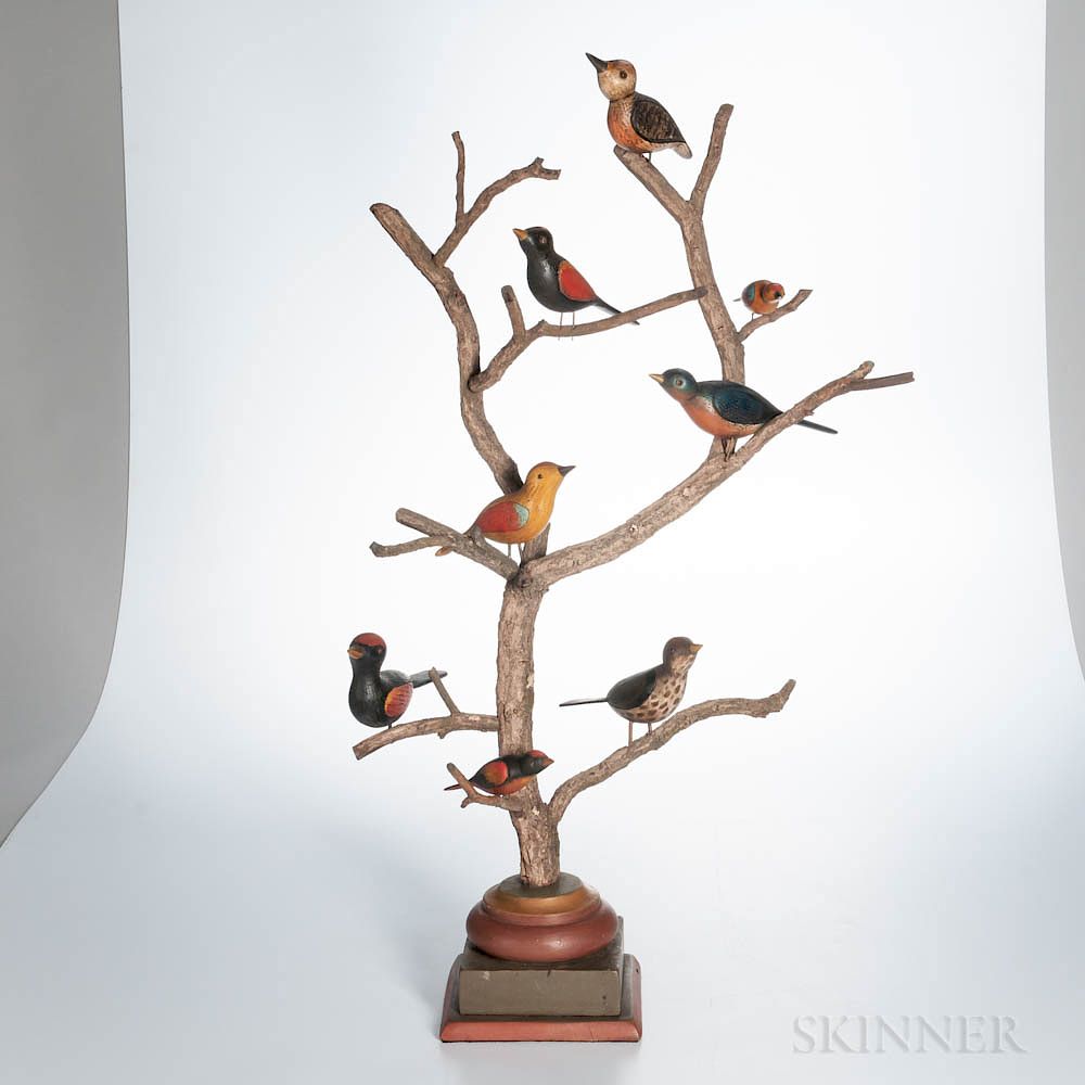 Carved and Painted Folk Art Birds in a Tree/Auctiondaily