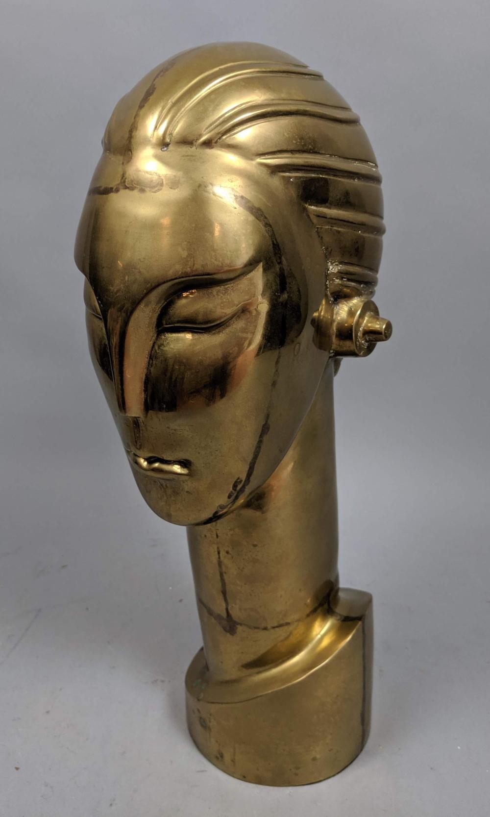 MODERNIST FIGURAL BUST BRASS TABLE SCULPTURE. FEMALE WI/AuctionDaily