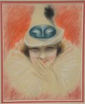 Charles Sheldon (1889-1960), mixed media Illustration Glamour portrait of girl with mask, unsigned, sight size 10 1/2" x 8 1/2"