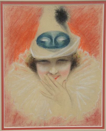 Charles Sheldon (1889-1960), mixed media Illustration Glamour portrait of girl with mask, unsigned, sight size 10 1/2" x 8 1/2"