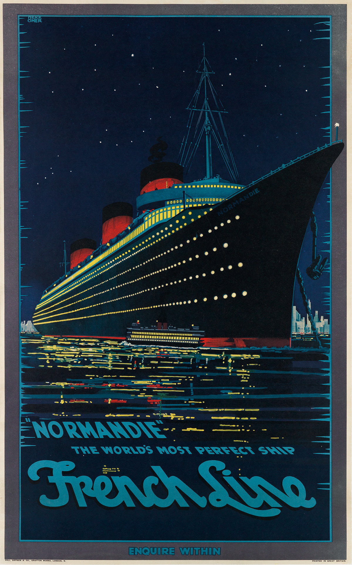 HUBERT HERKOMER (1881-?) "NORMANDIE" / THE WORLD'S MOST PERFECT SHIP / FRENCH LINE. 1939.