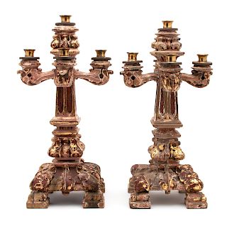 A Pair of Italian Baroque Style Carved, Painted and Parcel Gilt Five-Light Candelabra Height 20 1/2 inches.