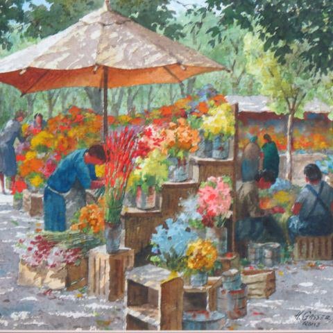 Henry Gasser, watercolor, flower market