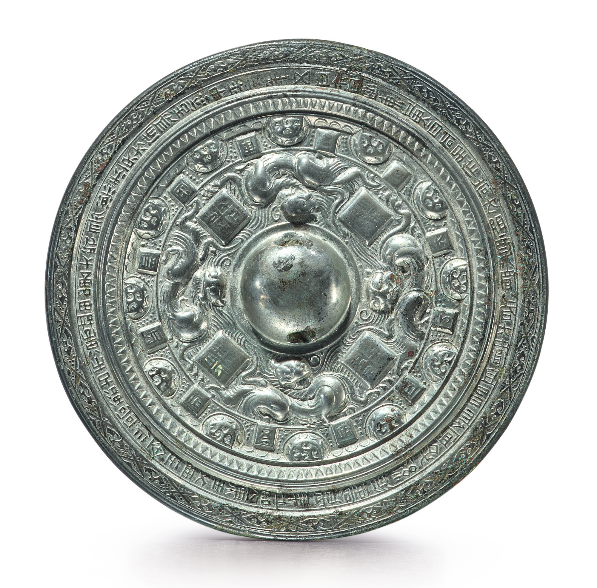 A SILVERED BRONZE 'BEAST' INSCRIBED MIRROR EASTERN HAN DYNASTY, DATED TO THE THIRD YEAR OF ZHONGPING, CORRESPONDING TO 186 AD