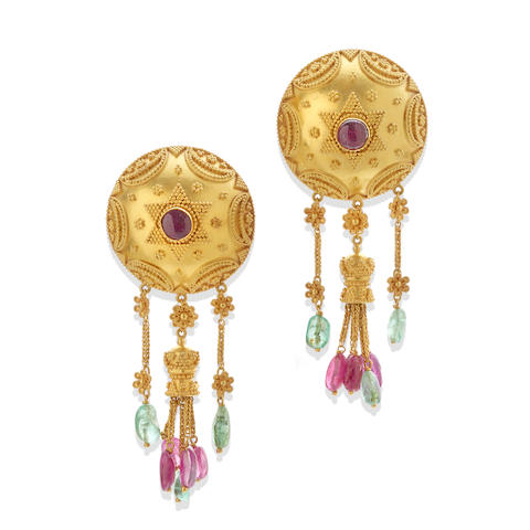 A pair of ruby and emerald ear clips