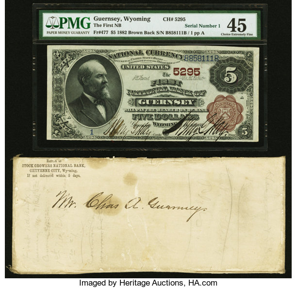 Guernsey, WY - $5 1882 Brown Back Fr. 477 The First National Bank Ch. # 5295 PMG Choice Extremely Fine 45