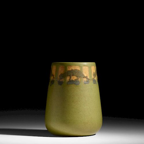 Arthur Hennessey and Sarah Tutt for Marblehead Pottery, vase with crouching panthers in low relief