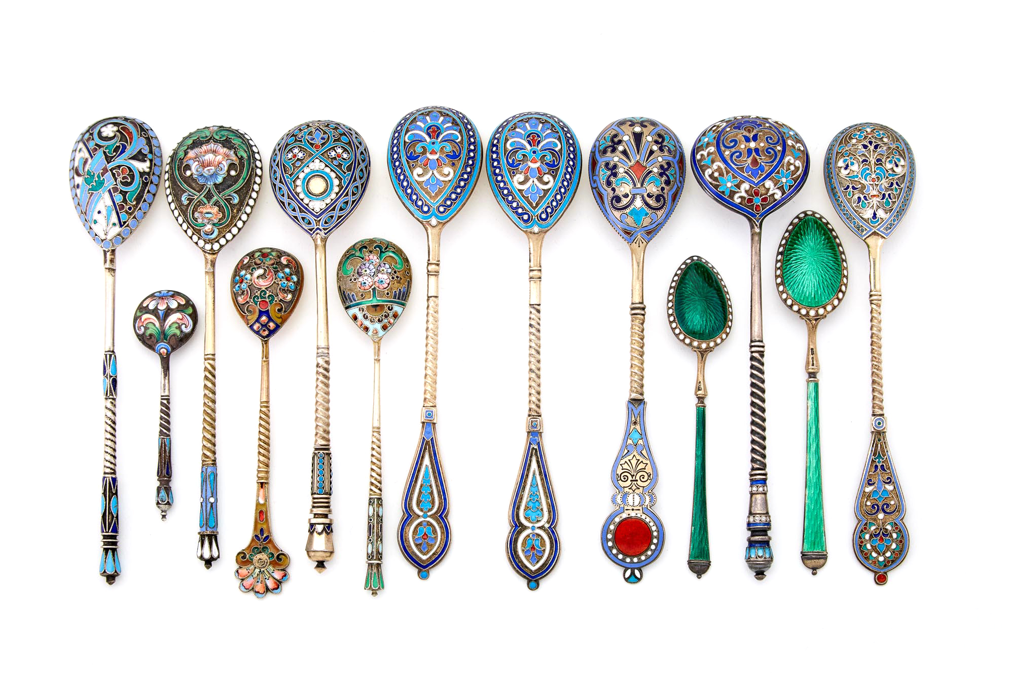 Group of Twelve Russian Silver and Enamel Spoons
