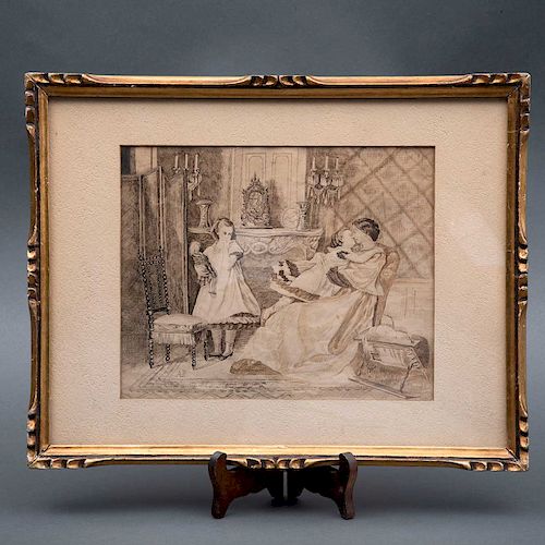 Scene of mother and daughters. XIX century. Engraving, dry point technique on paper. Signature A.P. Framed in carved wood.