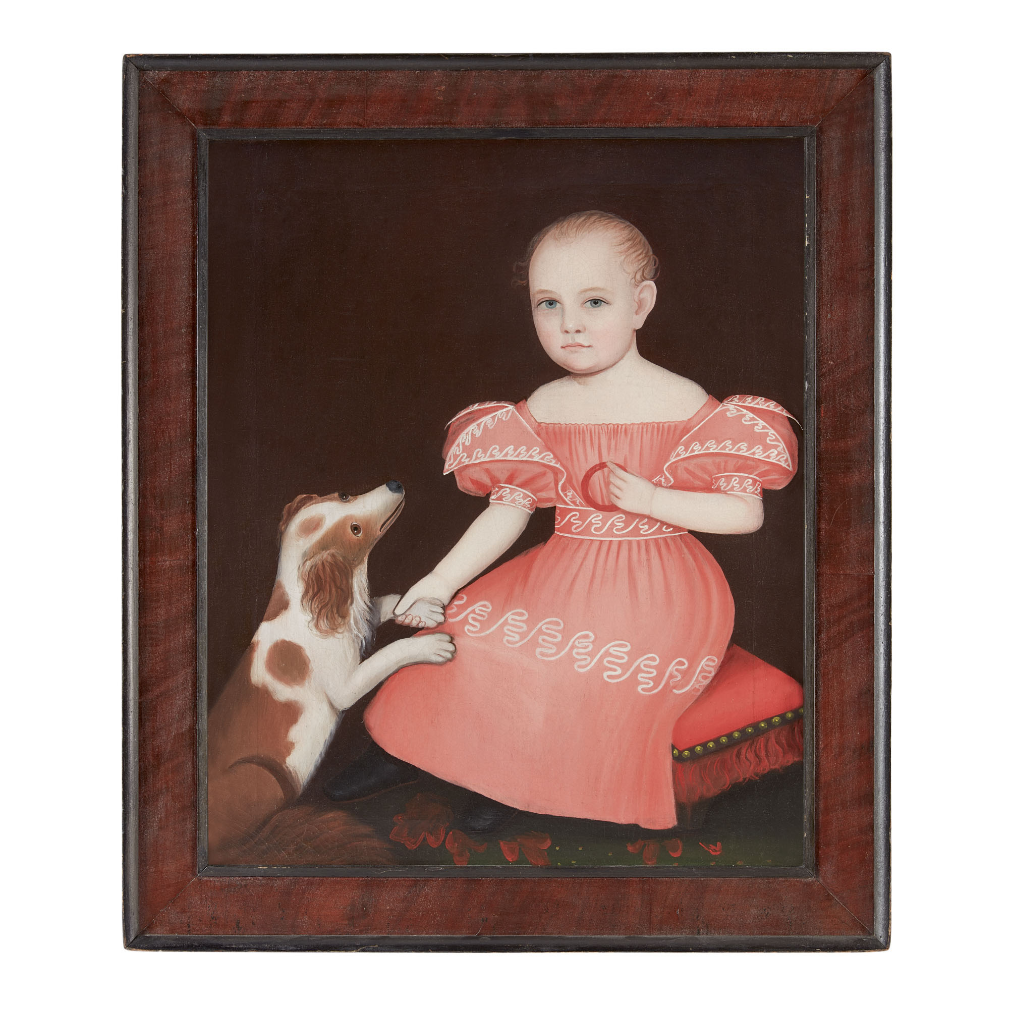 Ammi Phillips - Portrait Of A Seated Child In A Pink Dress With A Spaniel And Coral Teething Ring