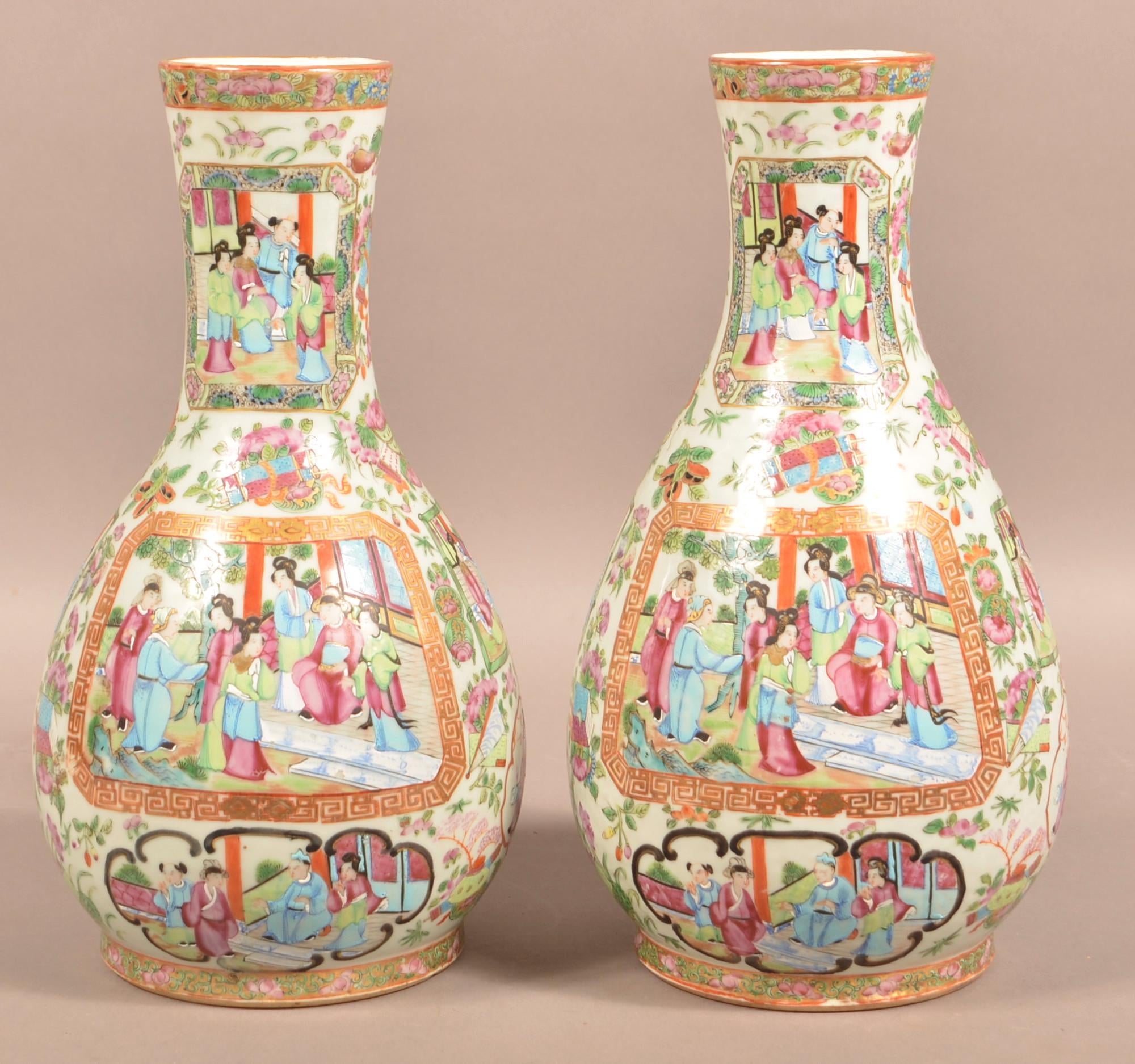 Pair Of 19th C. Rose Mandarin Oriental Porcelain Vases.