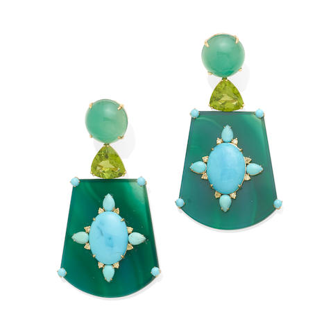 A pair of green agate and peridot ear pendants