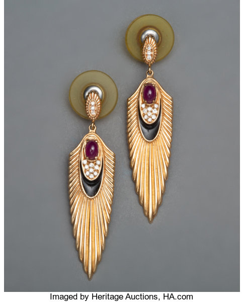 A Pair of Erté Rayonnement 14K Gold, Ruby, Diamond, and Enamel Earrings