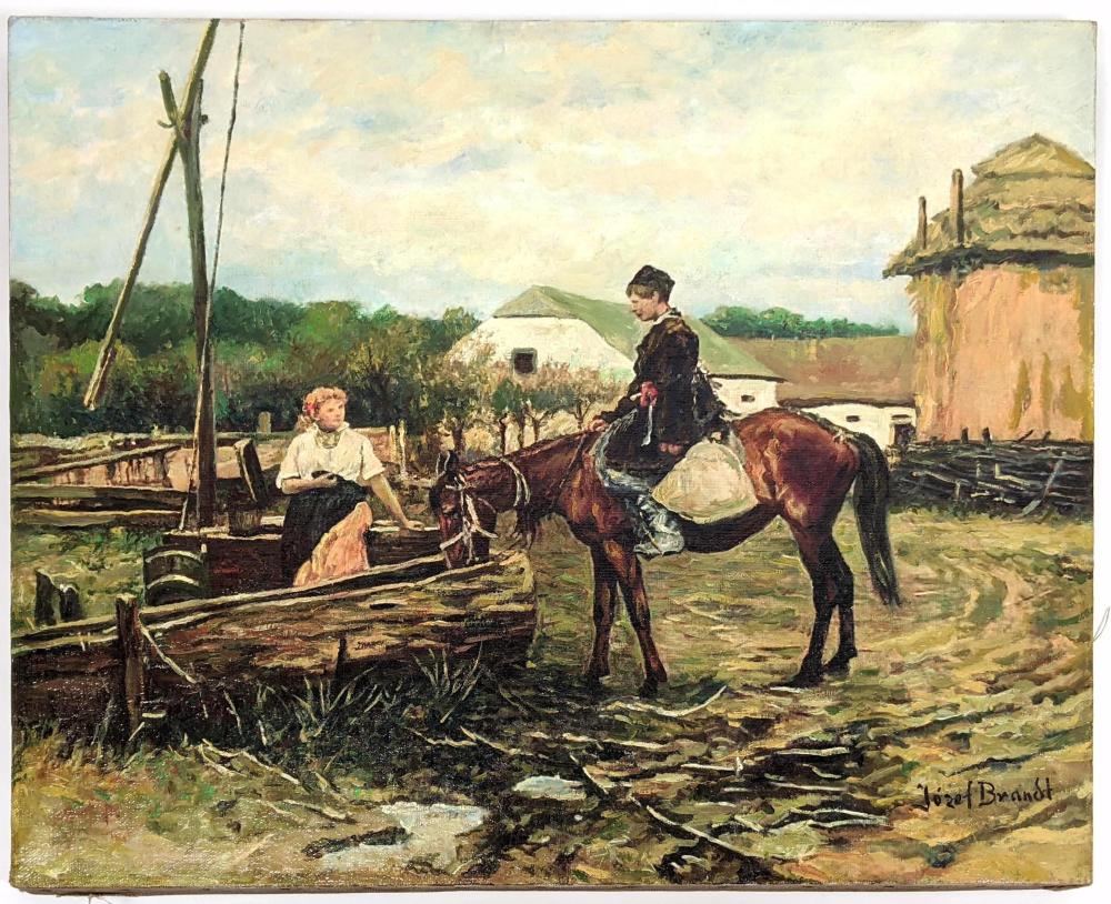 OZEF BRANDT FARM LANDSCAPE PAINTING. MAN ON HORSEBACK