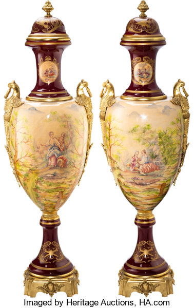 A Pair of Monumental Sèvres-Style Gilt Bronze-Mounted Porcelain Urns
