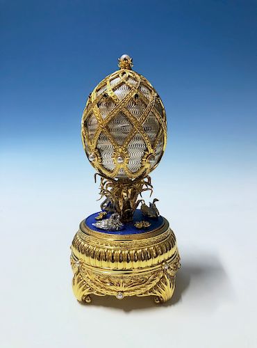 The House Of Faberge Swan Lake Imperial Jeweled Musical Gilt Silver Egg