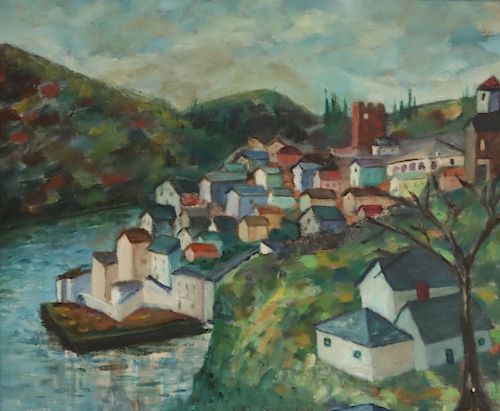 ILLEGIBLY. Signed Oil On Canvas Houses On River