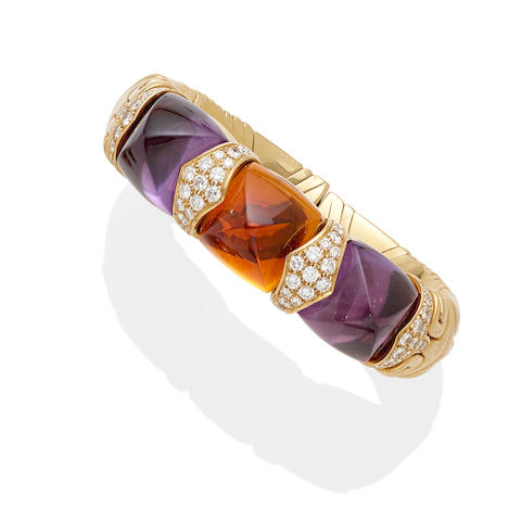 An amethyst, citrine and diamond cuff,