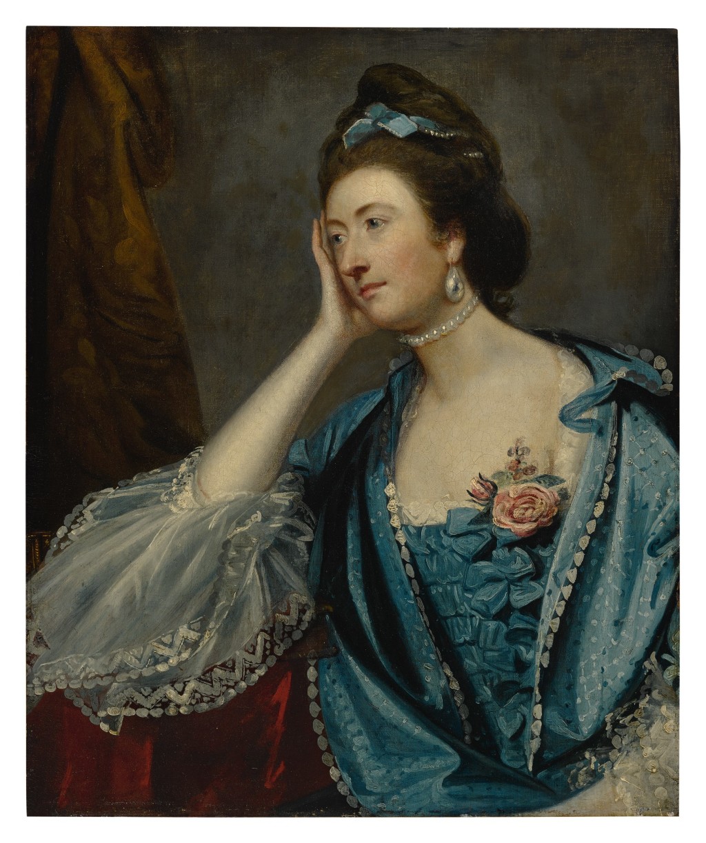 Sir Joshua Reynolds P.R.A. | Portrait Of A Lady, Probably Miss Jane Ashton, Half Length, In A Blue Dress With White Lace Cuffs