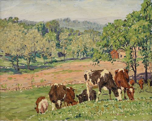 A PAINTING, Dairy Cows in Pasture with Farmhouse