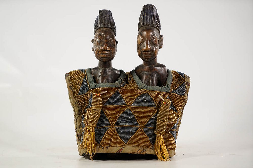 Pair Of Yoruba Ibeji Twin Figures With Beaded Costume
