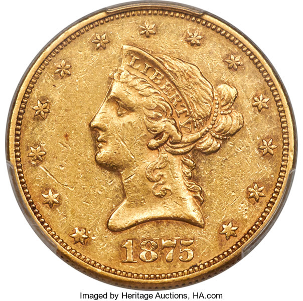 1875 $10 AU50 PCGS