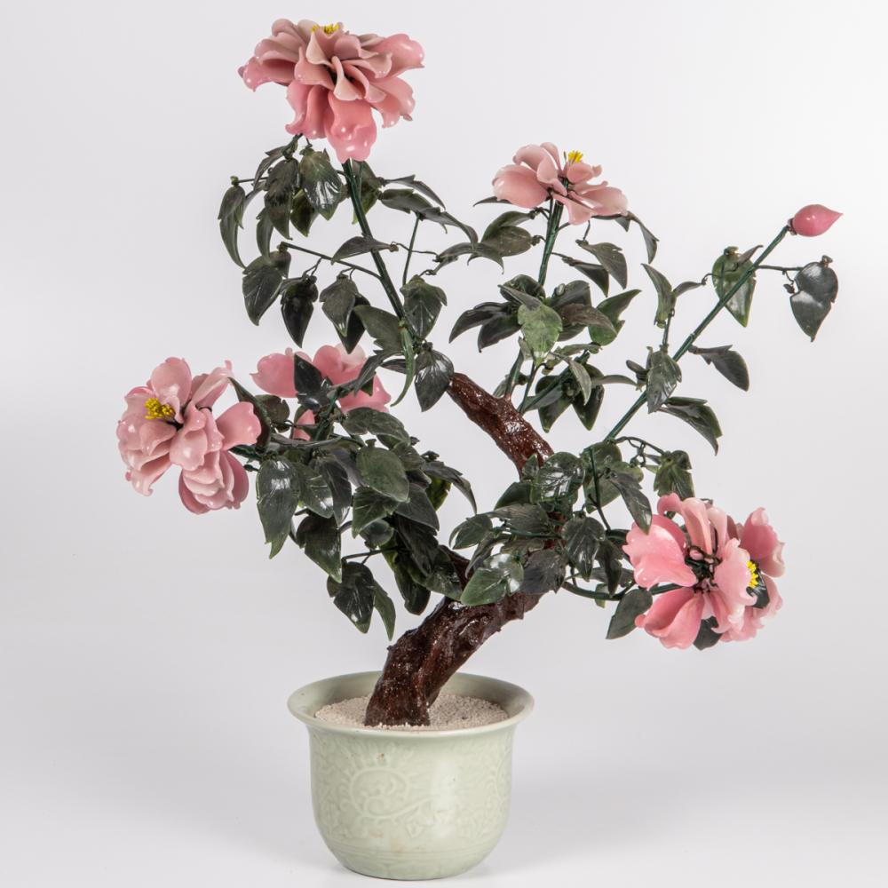 A Chinese Glass and Porcelain Flowering Tree
