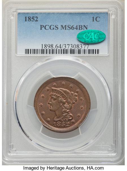 1852 1C MS64 Brown PCGS. CAC. PCGS