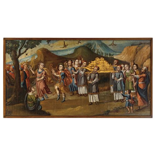 David Lleva El Arca De La Alianza A Jerusalén. México, Principios Del Siglo Xviii. Óleo Sobre Tela Con Aplicaciones Doradas.