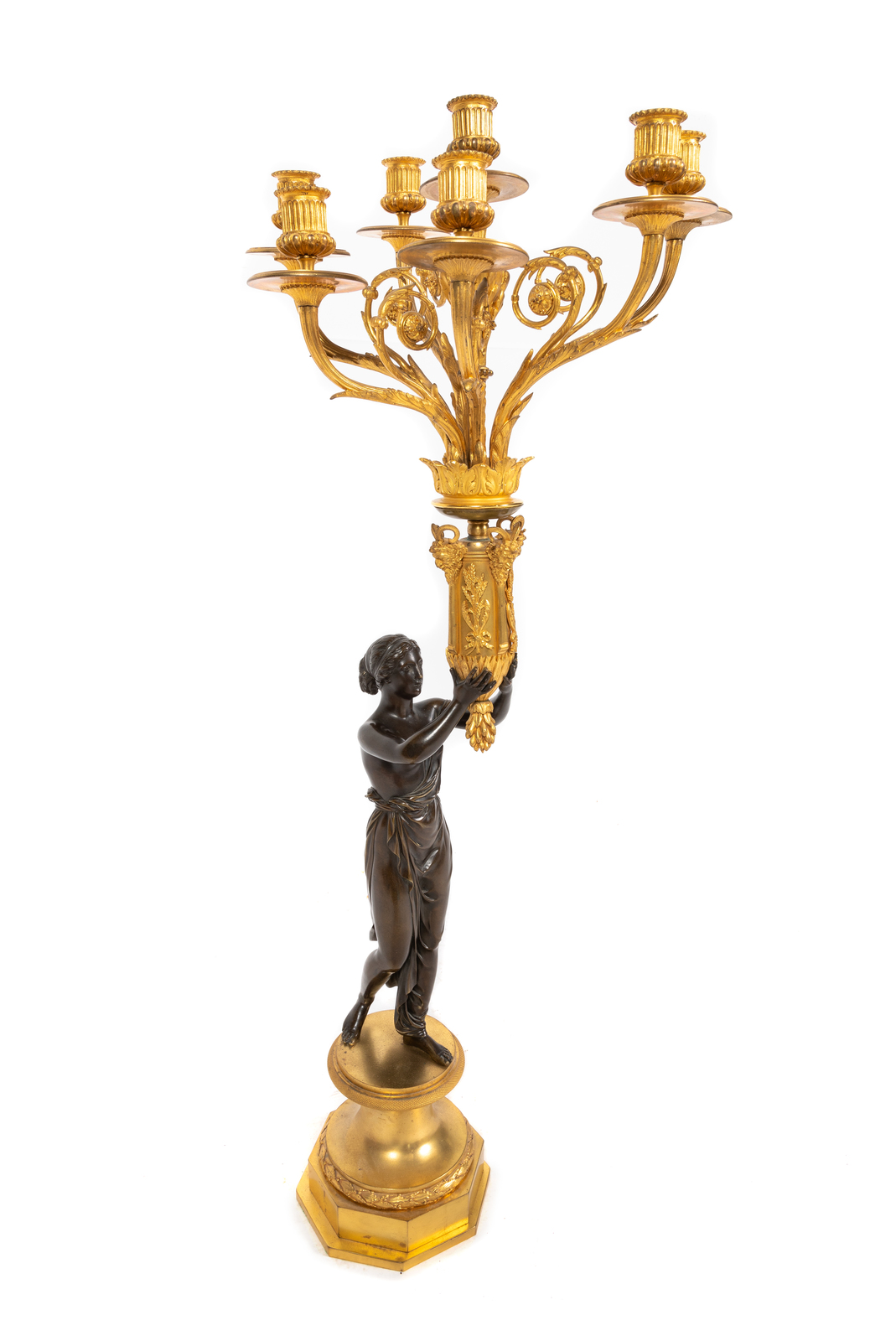 A French Gilt and Patinated Bronze Seven-Light Figural Candelabrum