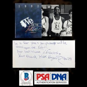 Kobe Bryant signed and inscribed 1992 middle school yearbook with a reference to the Los Angeles Lakers,