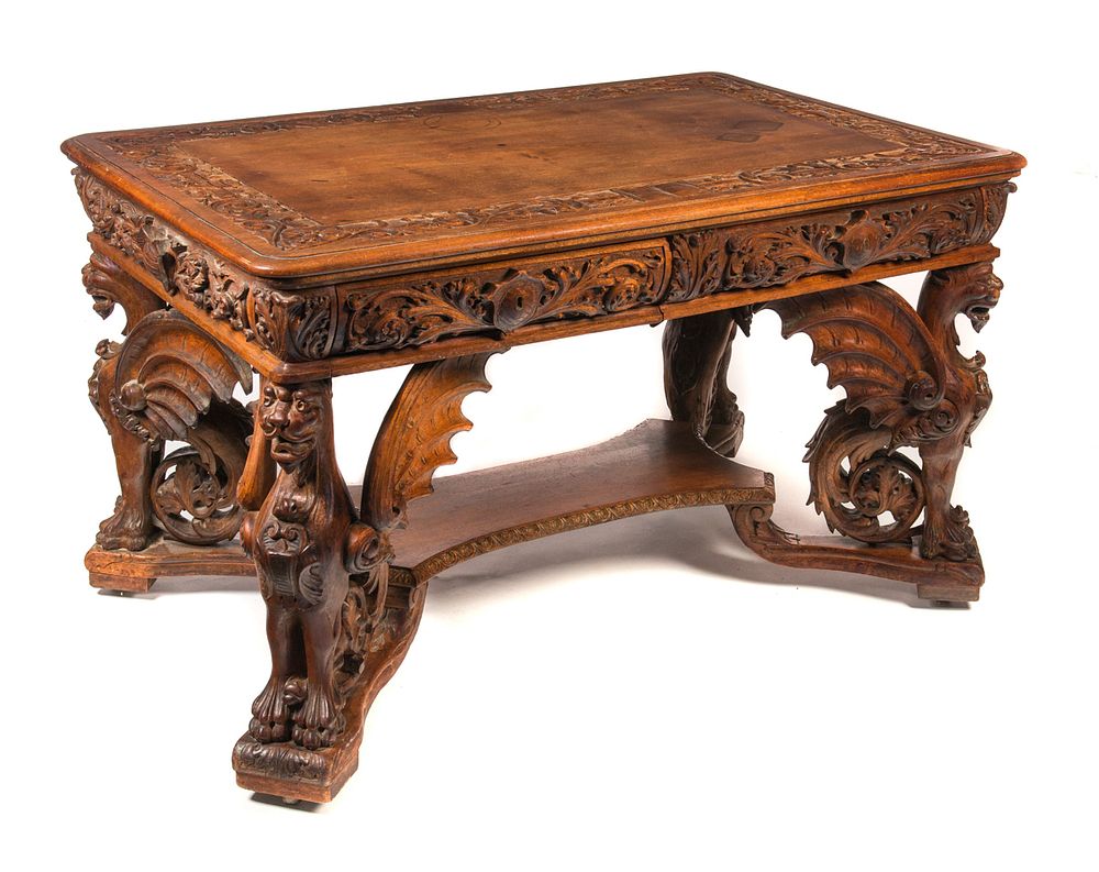 Heavily Carved RJ Horner Winged Griffin Partners Desk