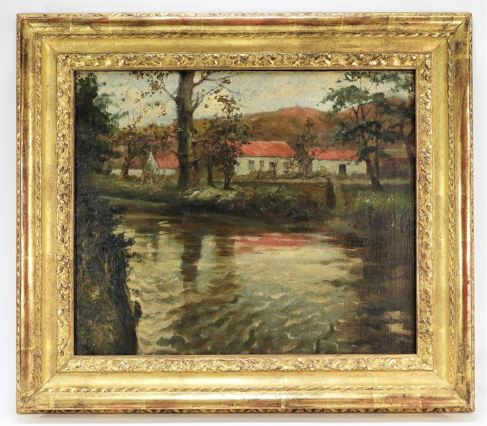 Frits Thaulow Woman by a River Landscape Painting