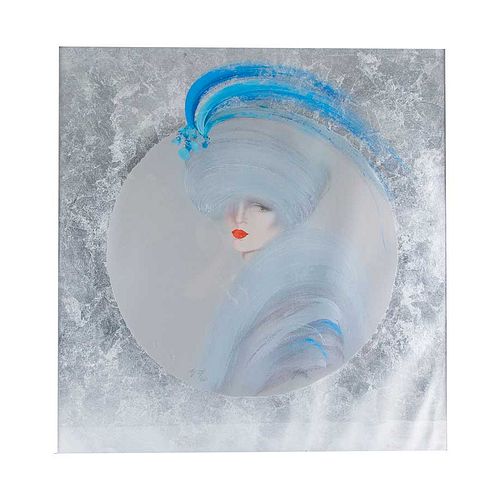 Victoria Vicky Montesinos. Lady with a hat. Lithography with metallic sheet and oil on paper