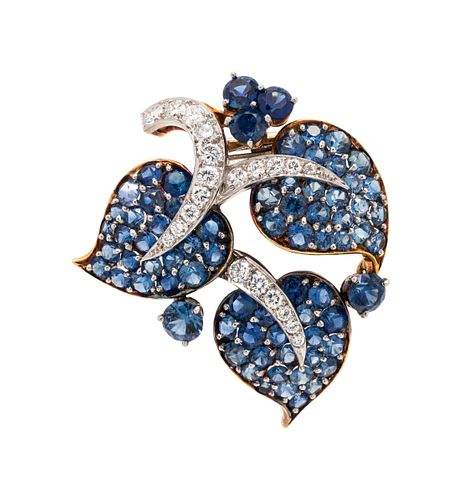 VAN CLEEF & ARPELS, NEW YORK, RETRO, SAPPHIRE AND FEUILLES DIAMOND BROOCH