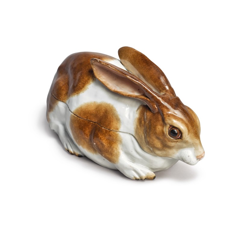 A CONTINENTAL PORCELAIN RABBIT TUREEN AND COVER, 19TH CENTURY