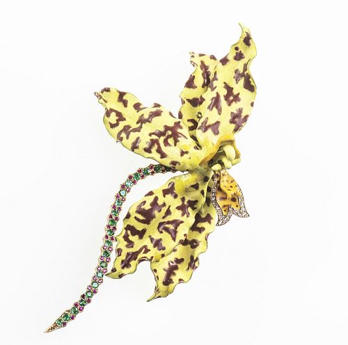 AN ENAMEL AND GEM-SET TIGER ORCHID BROOCH, BY TIFFANY & CO., CIRCA 1890 R