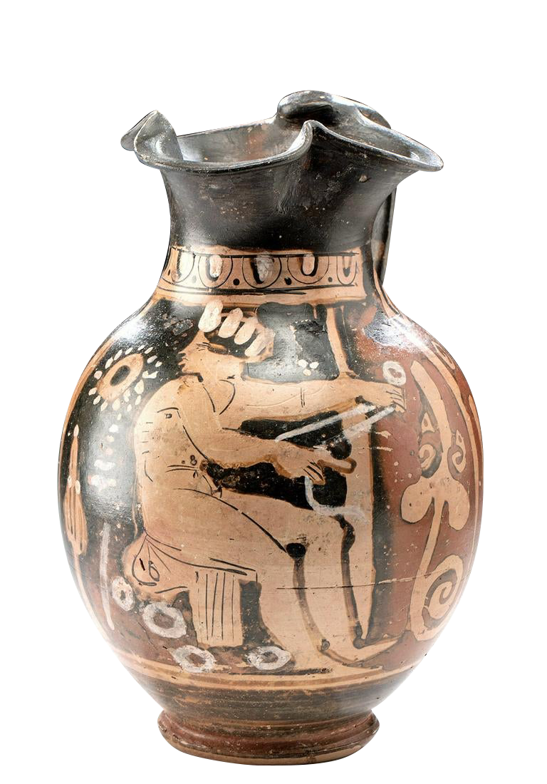 Apulian Red Figure Oinochoe - Man Spinning Thread