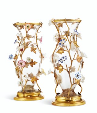 A PAIR OF LOUIS XV ORMOLU, GLASS AND PORCELAIN VASES