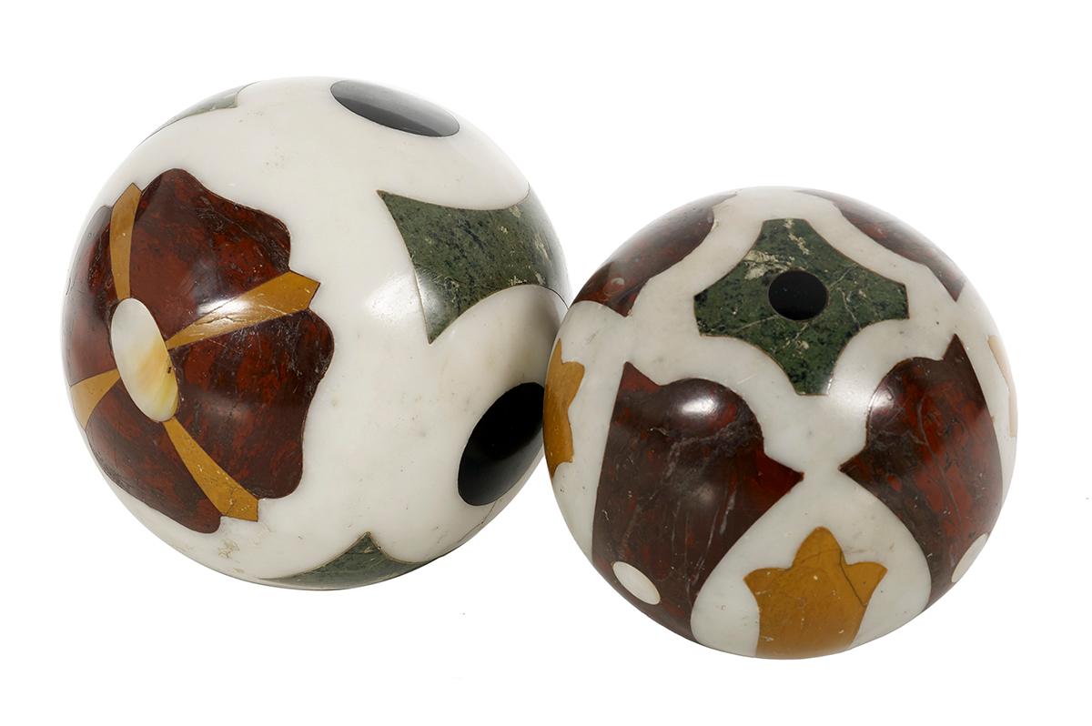 Two Italian White Marble Carpet Boules