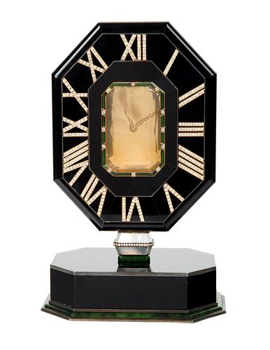 A CARTIER CITRINE, ONYX, CHRYSOPRASE, SILVER AND DIAMOND 'MYSTERY CLOCK', CASE NO. 201207, CIRCA 1970S