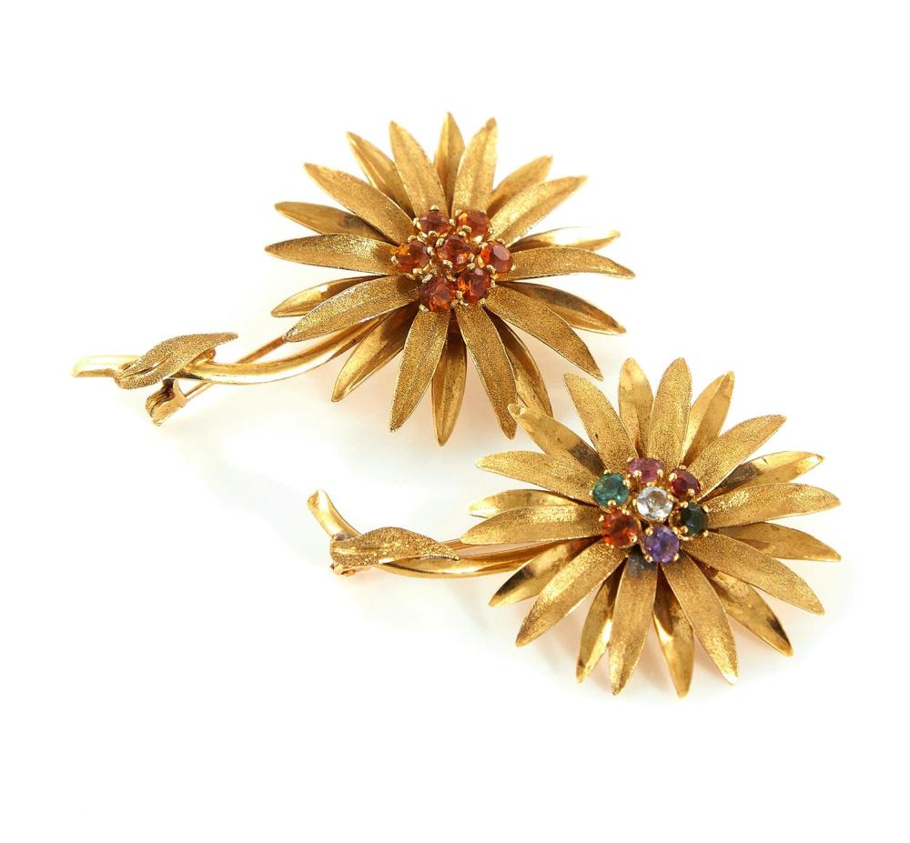 Tourmaline and gold floriform brooches