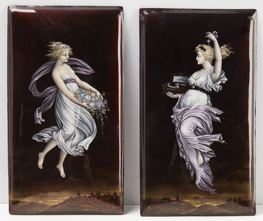 Pair of Porcelain or Enamel on Copper Artworks-signed