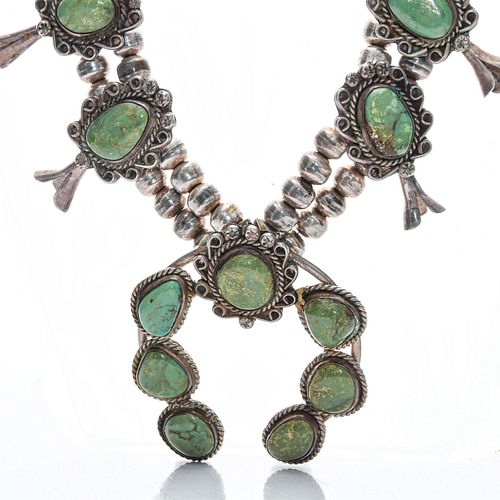 NAVAJO SILVER W. TURQUOISE SQUASH BLOSSOM NECKLACE