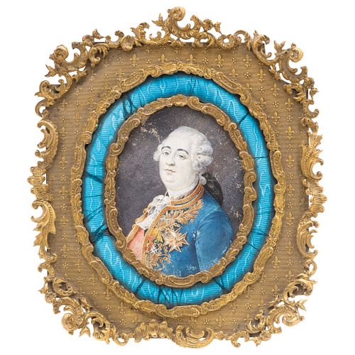 RETRATO DEL REY LUIS XVI DE FRANCIA FRANCIA, SIGLO XIX. Gouache sobre vitela. Marco de latón con esmaltado guilloche